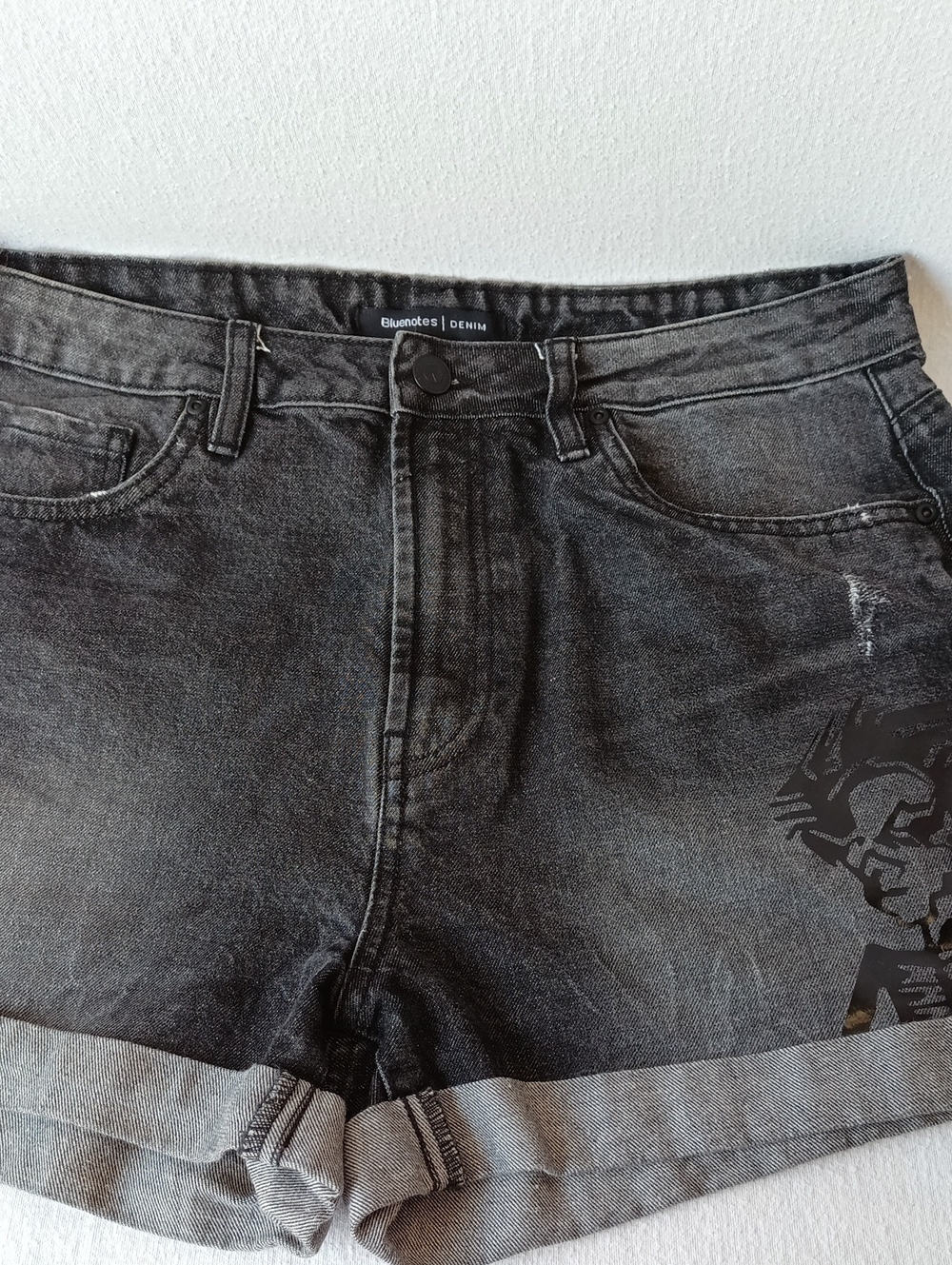 Bluenotes Black Rolled Hem Denim Shorts with Side Graphic